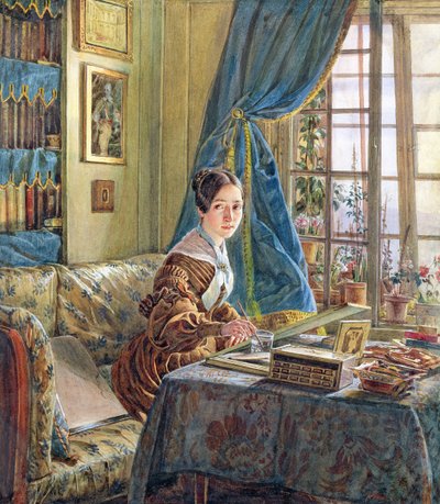 Young Girl Painting by English School